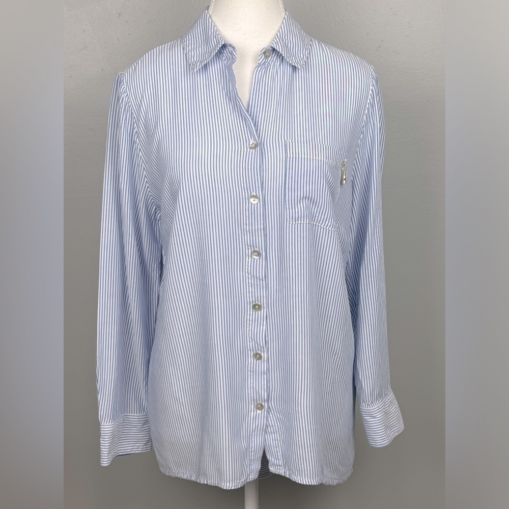 Chico’s blue white stripe nautical button front shirt, size 0 = small.